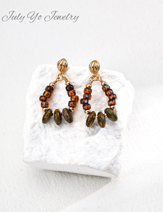 【 Iridescent Radiance 】S925 Silver Retro Glass Bead Earrings; Handcrafted Bohemian Style; A high-end artistic touch at the ear