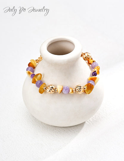 【 Lingyun Tiancheng 】S925 Pure Silver Natural Amber Amethyst Bracelet - Energy Gem - Hand-Set - Protect It