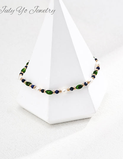 Natural rice-grain pearl × Lapis lazuli S925 silver necklace: A combination of shell and olive beads design - a niche and high-end gift
