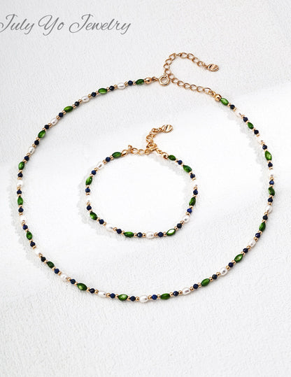 Natural rice-grain pearl × Lapis lazuli S925 silver necklace: A combination of shell and olive beads design - a niche and high-end gift