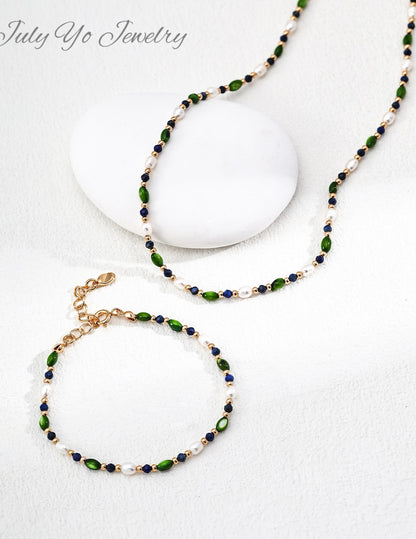 Natural rice-grain pearl × Lapis lazuli S925 silver necklace: A combination of shell and olive beads design - a niche and high-end gift