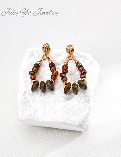 【 Iridescent Radiance 】S925 Silver Retro Glass Bead Earrings; Handcrafted Bohemian Style; A high-end artistic touch at the ear
