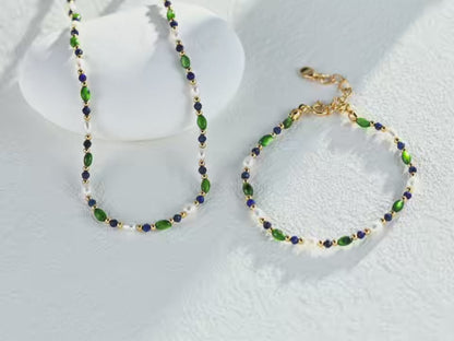Natural rice-grain pearl × Lapis lazuli S925 silver necklace: A combination of shell and olive beads design - a niche and high-end gift